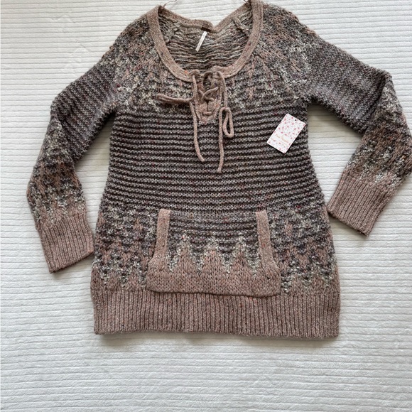 Free People Sweaters - Free People Blush Taupe Lace-Up Cable Knit Scoop Sweater